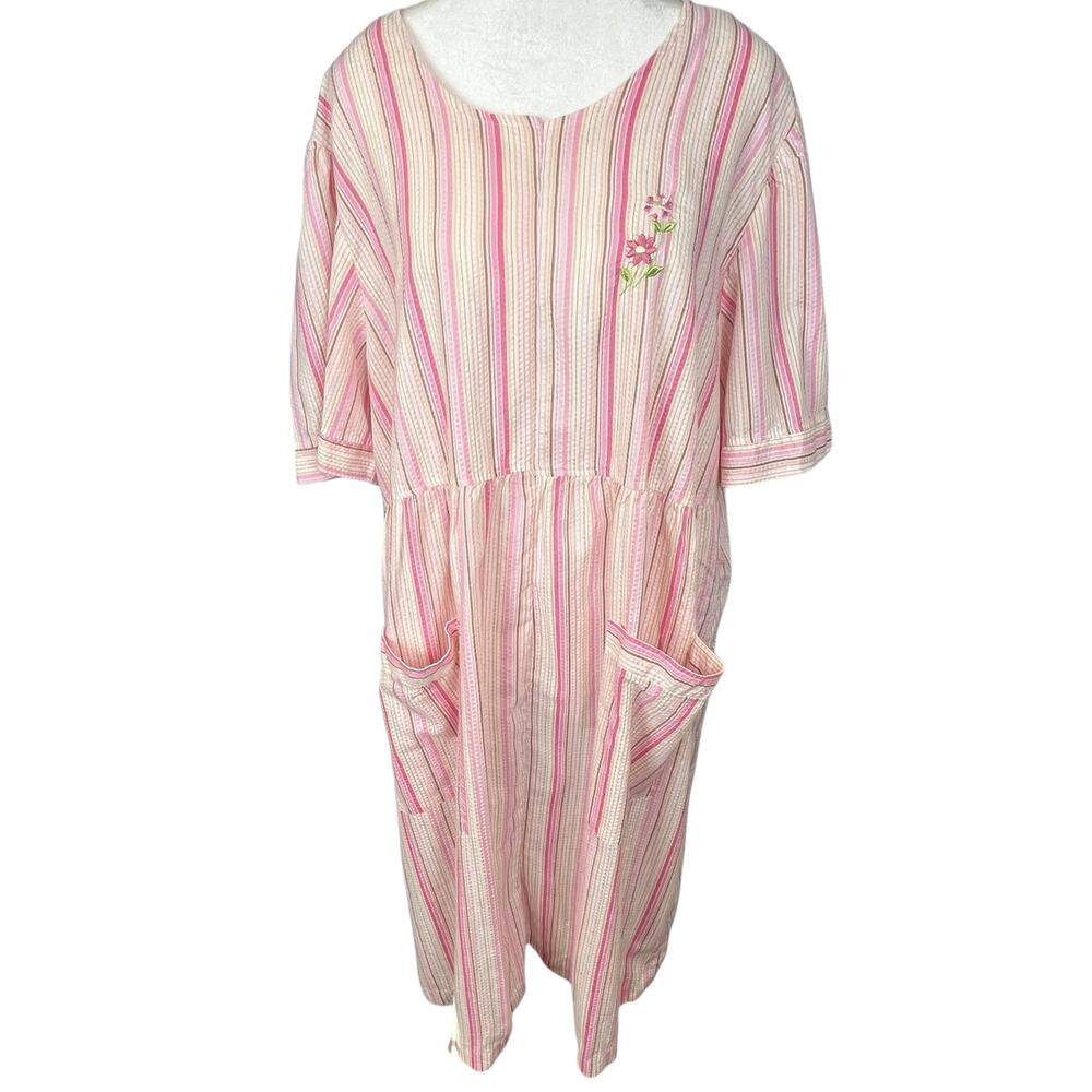 Vintage Bernette Nightgown Pink Striped Seersucker with Pockets Womens Size 3X